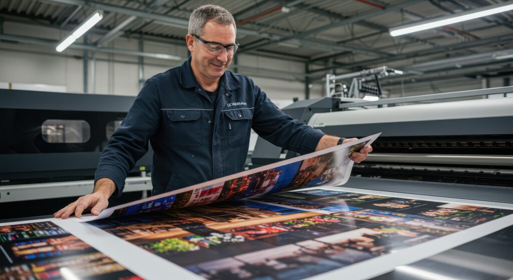 A print specialist works with a large format printing press to create vibrant images for commercial use.